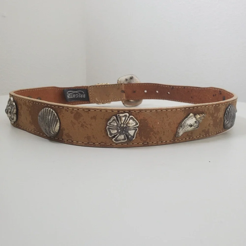 Brighton Light Brown Leather Belt Seashells Starfish Vintage 90s Made In USA S